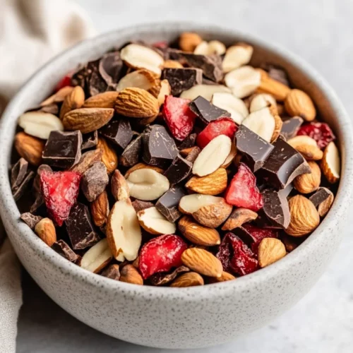Bowl Of Healthy Dark Chocolate Trail Mix With Cashews, Almonds, Strawberries, And Dark Chocolate Chunks On A White Plate