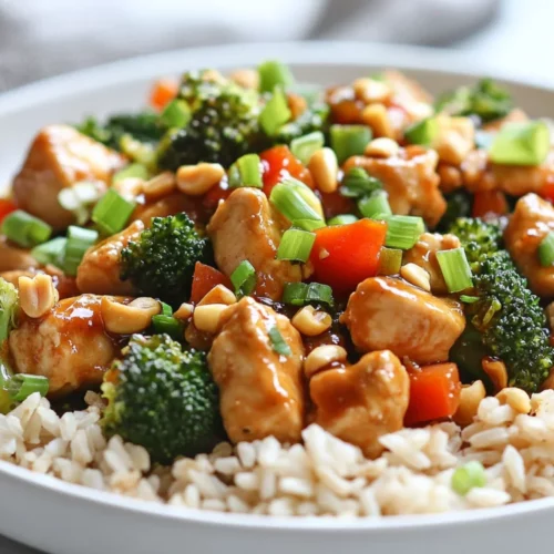 25-Minute Healthy Kung Pao Chicken Packed With Flavor 2 Bowl Of Healthy Kung Pao Chicken With Chicken, Broccoli, And Bell Peppers, Served Over Brown Rice And Garnished With Green Onions