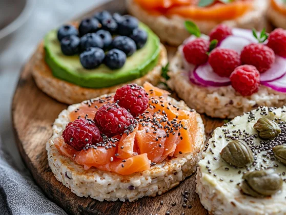 Colorful Healthy Rice Cake Snacks Topped With Almond Butter, Berries, Avocado, And Smoked Salmon On A Rustic Wooden Board
