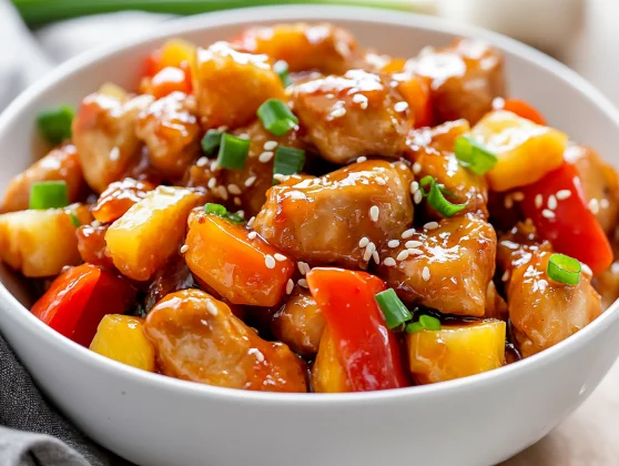 Healthy Sweet And Sour Chicken: Easy, Low Sugar And Full Of Veggies 2 Bowl Of Healthy Sweet And Sour Chicken With Vibrant Vegetables And Garnished With Green Onions