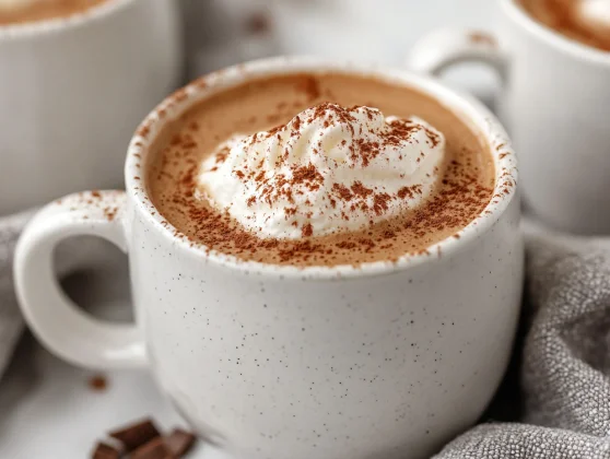 High Protein Hot Chocolate: A Healthy, Delicious Drink In Minutes 2 Creamy High Protein Hot Chocolate Topped With Coconut Whipped Cream In A White Mug On A Kitchen Towel