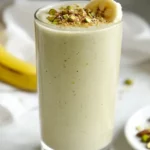 High-Protein Pistachio Smoothie In A Glass Topped With Crushed Pistachios And A Banana Slice On A White Background