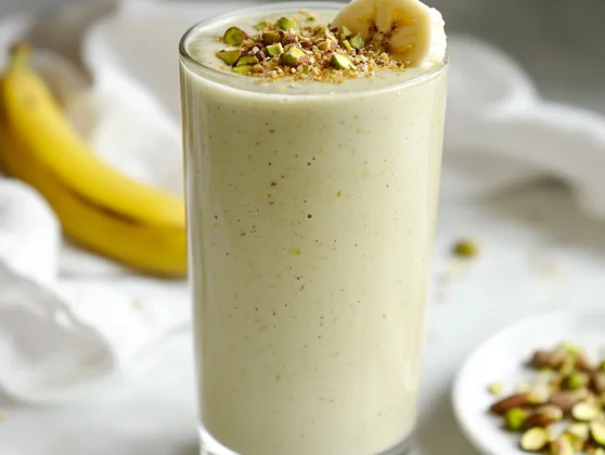 High-Protein Pistachio Smoothie: The Perfect Healthy Boost 2 High-Protein Pistachio Smoothie In A Glass Topped With Crushed Pistachios And A Banana Slice On A White Background