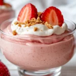 Delicious High-Protein Strawberry Mousse In A Clear Bowl, Topped With Whipped Topping And Fresh Strawberries