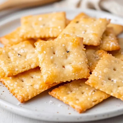 Homemade Cheese Crackers: Crispy, Easy &Amp; Irresistible Recipe 2 Crispy Homemade Cheese Crackers Arranged On A White Plate With A Sprinkle Of Sea Salt