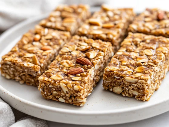 Homemade Protein Bars Served On A White Plate, Showcasing A Nutty Texture And Garnished With A Drizzle Of Maple Syrup.