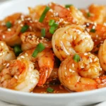 Honey Garlic Shrimp On A White Plate, Garnished With Green Onions And Sesame Seeds, Glistening In Honey-Garlic Sauce