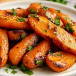 Honey Glazed Carrots Served On A White Plate, Garnished With Parsley And Showcasing Caramelized Edges
