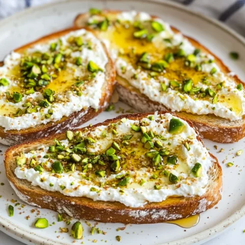 Honey Ricotta Toast With Pistachios: Easy &Amp; Healthy Recipe 2 Honey Ricotta Toast On A White Plate, Drizzled With Honey And Topped With Chopped Pistachios