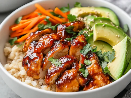 Hot Honey Chicken Bowls: A Healthy And Flavor-Packed Dinner 2 Bowl Of Hot Honey Chicken Bowls Featuring Glazed Chicken, Rice, Vegetables, And Avocado Slices, Garnished With Parsley