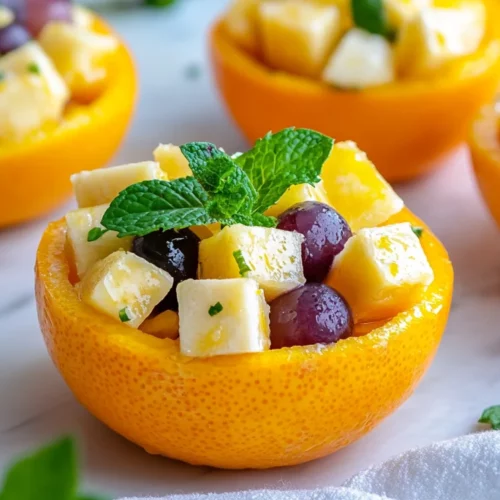 How To Make Fruit Salad Cups Served In Orange Peels Filled With Bananas, Grapes, And Papaya, Garnished With Mint.