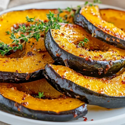 How To Roast Acorn Squash: Easy &Amp; Delicious Recipe 2 How To Roast Acorn Squash Slices On A White Plate Garnished With Fresh Thyme And Crushed Red Pepper