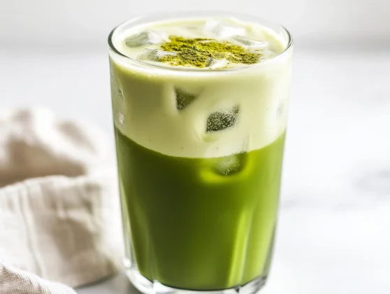 Iced Matcha Latte: Easy, Healthy &Amp; Delicious Recipe 2 Iced Matcha Latte In A Tall Glass With Ice And Almond Milk, Garnished With Matcha Powder On A White Background