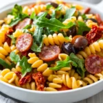 Italian Pasta Salad With Cavatappi Served In A White Bowl, Garnished With Fresh Basil And Arugula