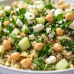 Colorful Jennifer Aniston Salad In A White Bowl With Quinoa, Feta, Chickpeas, And Fresh Herbs