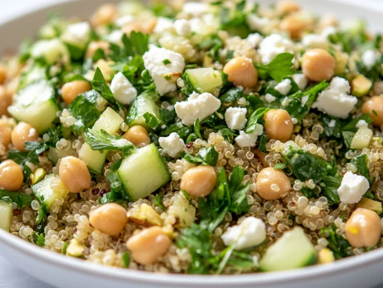Jennifer Aniston Salad: A Nutritious Mediterranean Quinoa Salad 2 Colorful Jennifer Aniston Salad In A White Bowl With Quinoa, Feta, Chickpeas, And Fresh Herbs