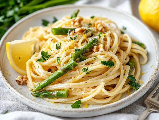 Plate Of Lemon Asparagus Pasta Garnished With Walnuts And Parsley, Drizzled With Olive Oil And Lemon Zest