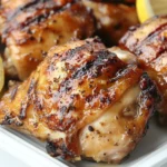 Lemon Herb Grilled Chicken On A White Plate Garnished With Fresh Herbs And Lemon Wedges