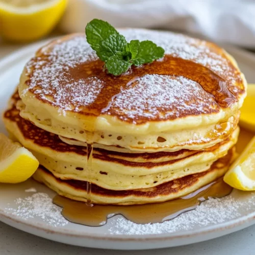 Fluffy Lemon Ricotta Pancakes: The Best Healthy Breakfast Recipe 2 Fluffy Lemon Ricotta Pancakes Stacked On A White Plate, Drizzled With Syrup And Garnished With Lemon Slices.