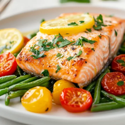 Lemon Roasted Salmon With Vegetables On A White Plate, Garnished With Lemon Slices And Fresh Herbs