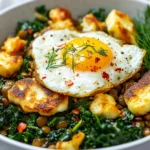 Lemony Lentils With Halloumi In A White Bowl Topped With A Fried Egg And Fresh Dill, Against A Neutral Background
