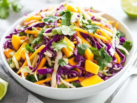 Mango Jicama Slaw: A Healthy, Crunchy &Amp; Refreshing Salad Recipe 2 Bowl Of Mango Jicama Slaw Topped With Fresh Cilantro And Lime Wedges, Vibrant And Colorful.