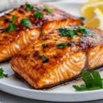 Maple Glazed Salmon Served On A White Plate, Garnished With Fresh Parsley And Lemon Wedges