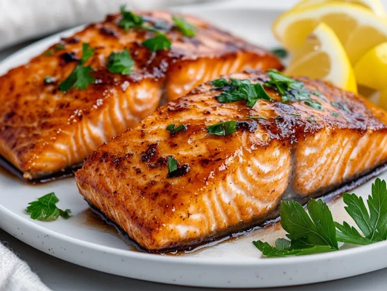 Maple Glazed Salmon: Easy, Healthy, And Delicious Dinner Recipe 2 Maple Glazed Salmon Served On A White Plate, Garnished With Fresh Parsley And Lemon Wedges