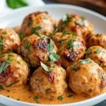 Marry Me Chicken Meatballs In Creamy Sauce Garnished With Fresh Basil On A White Plate, Warm Tones, Inviting