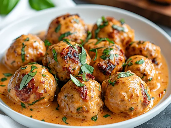 Marry Me Chicken Meatballs In Creamy Sauce Garnished With Fresh Basil On A White Plate, Warm Tones, Inviting