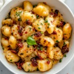 Creamy Marry Me Gnocchi In A White Bowl, Garnished With Fresh Basil And Sun-Dried Tomatoes