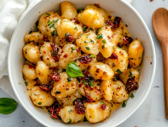 The Best Marry Me Gnocchi Recipe: Creamy, Easy And Delicious 2 Creamy Marry Me Gnocchi In A White Bowl, Garnished With Fresh Basil And Sun-Dried Tomatoes