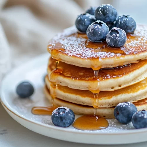Stack Of Mini Protein Pancakes Drizzled With Maple Syrup And Topped With Blueberries, Served On A White Plate