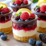 Layered No-Bake Cheesecake Jars With Graham Cracker Crust, Fresh Berries, And Caramel Drizzle On A White Plate.