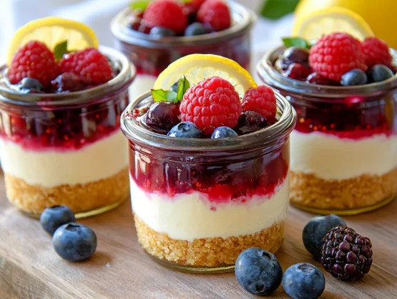 No-Bake Cheesecake Jars: Creamy, Easy &Amp; Perfect For Any Occasion 2 Layered No-Bake Cheesecake Jars With Graham Cracker Crust, Fresh Berries, And Caramel Drizzle On A White Plate.