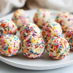 Colorful No-Bake Protein Balls On A White Plate Garnished With Sprinkles, Showcasing Chewy Texture.