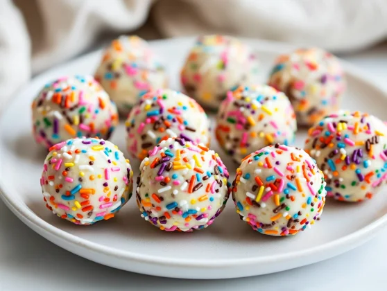 Colorful No-Bake Protein Balls On A White Plate Garnished With Sprinkles, Showcasing Chewy Texture.