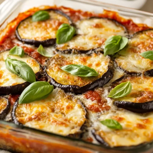 No Fry Eggplant Parmesan: Healthy, Easy &Amp; Delicious 2 No Fry Eggplant Parmesan In A Glass Baking Dish, Topped With Melted Cheese, Garnished With Fresh Basil Leaves.