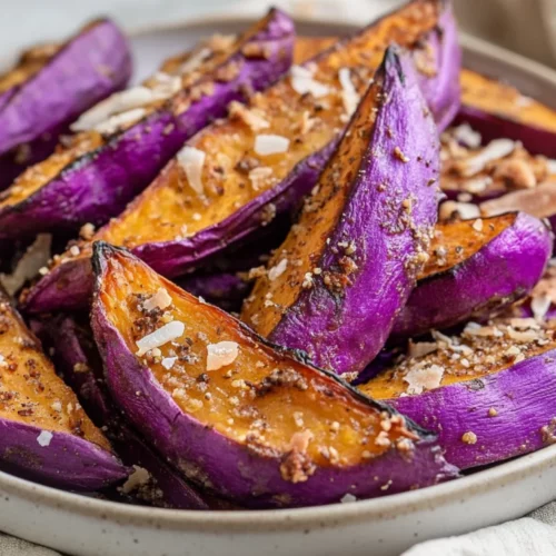 Okinawan Sweet Potato Wedges With Coconut Milk Sauce For A Healthy Twist 2 Vibrant Okinawan Sweet Potato Wedges Drizzled With Coconut Milk Sauce On A White Plate, Garnished With Shredded Coconut And Cinnamon