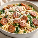 Bowl Of One Pan Chicken Sausage Orzo Topped With Grated Parmesan And Crushed Red Pepper, Set Against A Clean Background