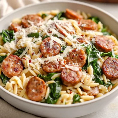 One Pan Chicken Sausage Orzo: A Quick, Healthy Dinner In 25 Minutes 2 Bowl Of One Pan Chicken Sausage Orzo Topped With Grated Parmesan And Crushed Red Pepper, Set Against A Clean Background