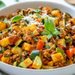 One-Pan Italian Ground Turkey Skillet In A Rustic Bowl, Topped With Fresh Basil And Parmesan, Vibrant Veggies Visible