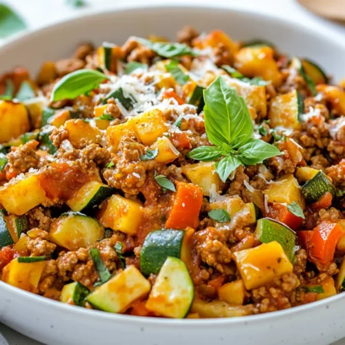 Flavor-Packed One-Pan Italian Ground Turkey Skillet Recipe 2 One-Pan Italian Ground Turkey Skillet In A Rustic Bowl, Topped With Fresh Basil And Parmesan, Vibrant Veggies Visible