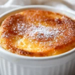 Warm Orange Ginger Self-Saucing Pudding In A White Dish, Garnished With Icing Sugar And Crystallized Ginger