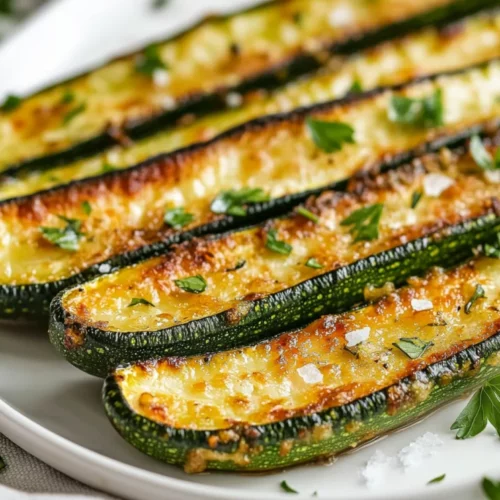 Easy Oven Roasted Zucchini: Crispy, Healthy &Amp; Delicious 2 Crispy Oven Roasted Zucchini Sticks On A White Plate, Garnished With Fresh Parsley And Sea Salt