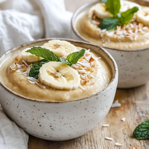 Paleo Banana Pudding: A Healthy 6-Ingredient Breakfast Treat 2 Bowl Of Paleo Banana Pudding Topped With Banana Slices And Coconut Flakes, On A Wooden Table With Mint Leaves