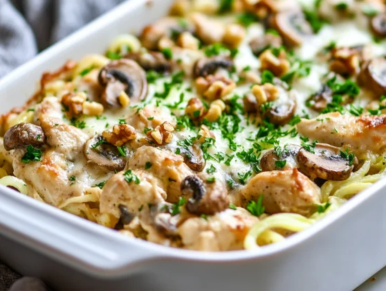 Paleo Chicken Mushroom Casserole: A Healthy &Amp; Easy Dinner 2 Delicious Paleo Chicken Mushroom Casserole Topped With Vegan Cheese And Fresh Parsley In A White Baking Dish