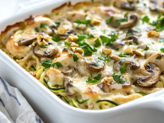 Paleo Chicken Mushroom Casserole: A Nutritious, Flavor-Packed Dinner 2 Paleo Chicken Mushroom Casserole In A White Dish, Topped With Melted Vegan Cheese And Fresh Parsley