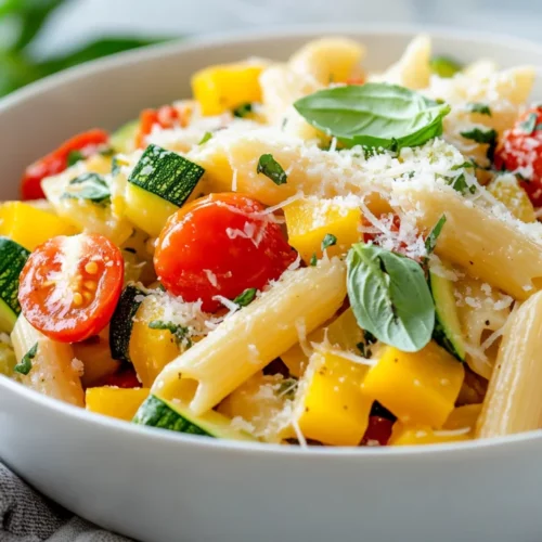 Pasta Primavera With Fresh Vegetables In A White Bowl, Garnished With Basil And Parmesan Cheese