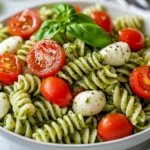 Vibrant Pesto Pasta Salad In A White Bowl Garnished With Fresh Basil And Pepper, Showcasing Rotini And Cherry Tomatoes.